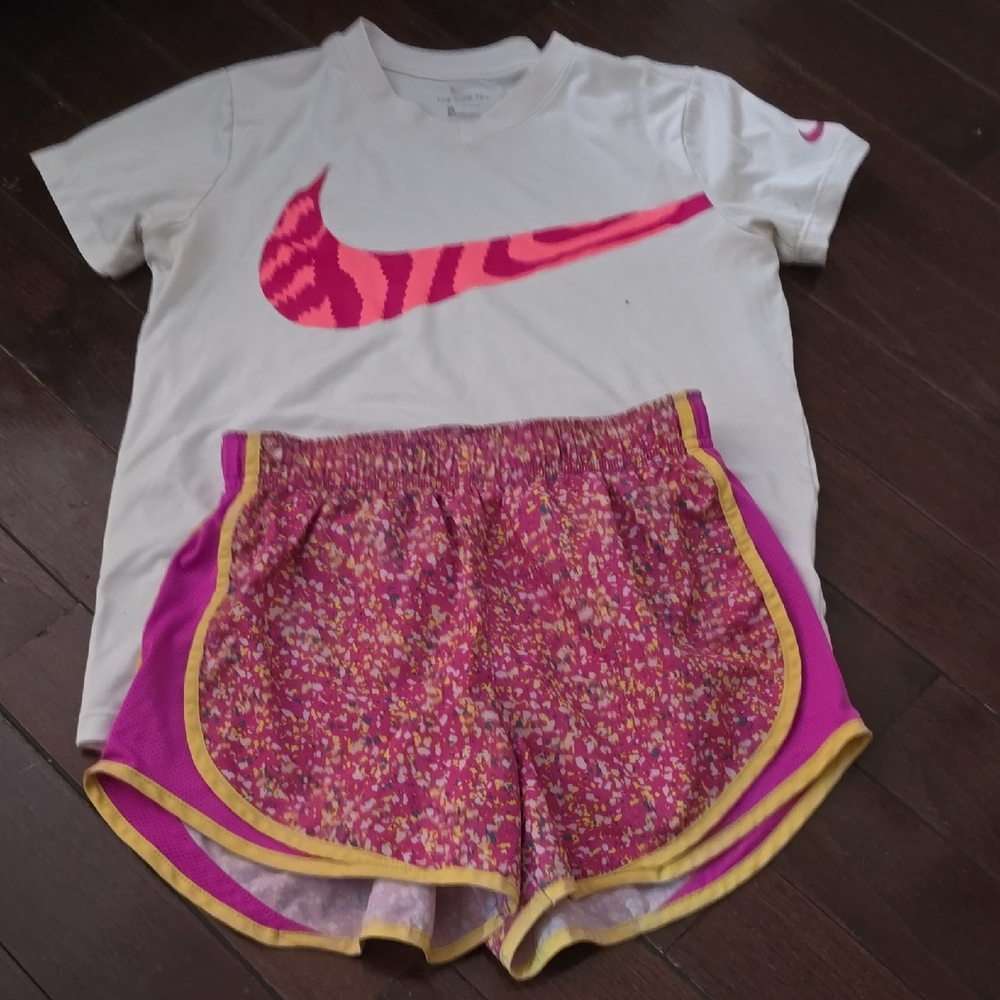 Nike White and Pink Dri-Fit T-Shirt with Pink Floral Dri-Fit Shorts